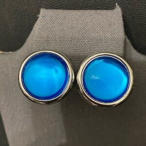 Vintage 80’s Small Silver Tone & Blue Acrylic button clip-on Earrings